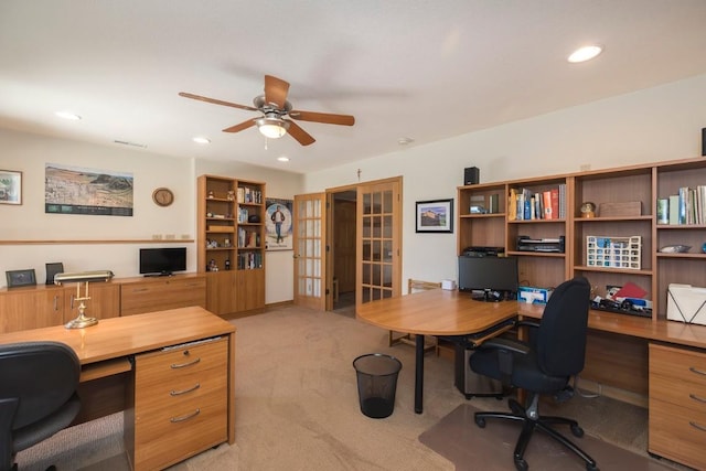 440 Gcr 466, Grand Lake, CO 80447 - office featuring french doors, a ceiling fan, light colored carpet, and recessed lighting