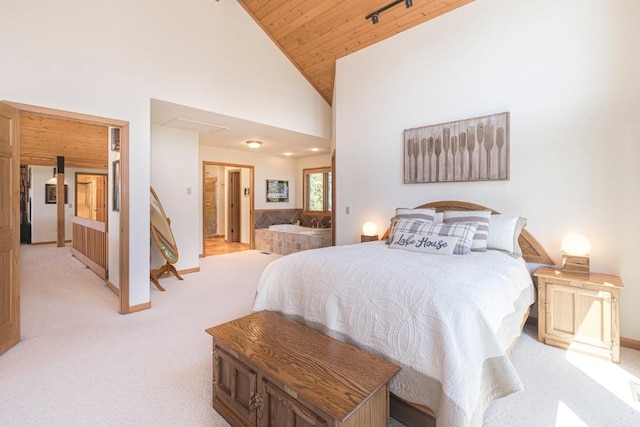 440 Gcr 466, Grand Lake, CO 80447 - bedroom with light colored carpet, wood ceiling, high vaulted ceiling, and baseboards
