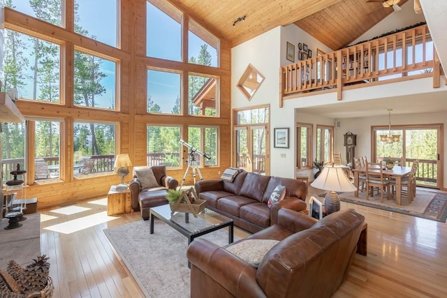 440 Gcr 466, Grand Lake, CO 80447 - living room with high vaulted ceiling, wooden ceiling, and wood-type flooring