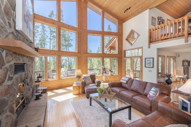 440 Gcr 466, Grand Lake, CO 80447 - living area featuring high vaulted ceiling, wooden ceiling, hardwood / wood-style flooring, and a fireplace