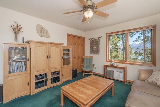 440 Gcr 466, Grand Lake, CO 80447 - living room featuring radiator, dark carpet, and ceiling fan