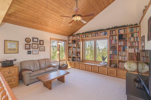 440 Gcr 466, Grand Lake, CO 80447 - carpeted living room featuring wooden ceiling, a ceiling fan, and high vaulted ceiling