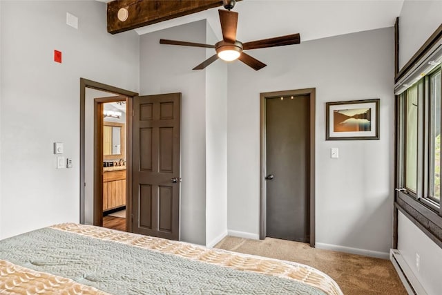 2515 Apres Ski Way Unit 5, Steamboat Springs, CO 80487 - bedroom featuring a baseboard heating unit, light carpet, baseboards, beam ceiling, and high vaulted ceiling