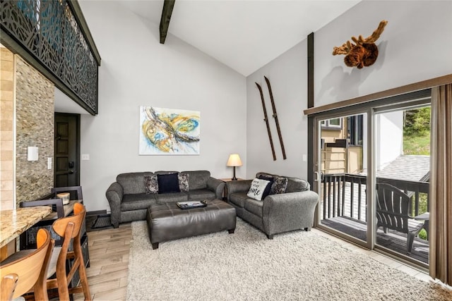 2515 Apres Ski Way Unit 5, Steamboat Springs, CO 80487 - living area featuring wood finished floors, high vaulted ceiling, and beamed ceiling