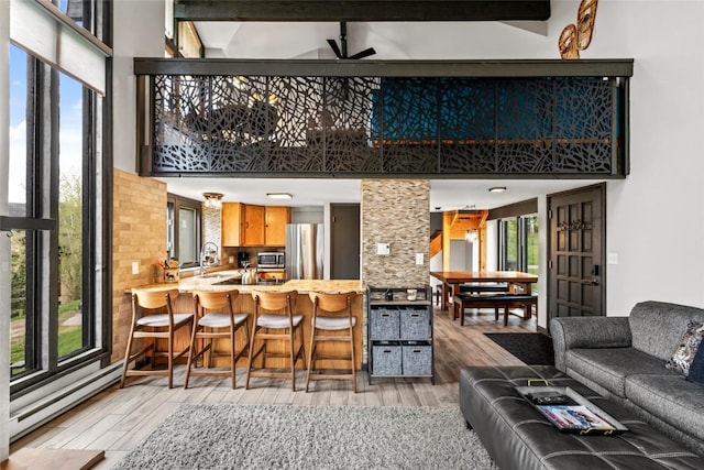 2515 Apres Ski Way Unit 5, Steamboat Springs, CO 80487 - living room with light wood-type flooring, a baseboard radiator, and a high ceiling