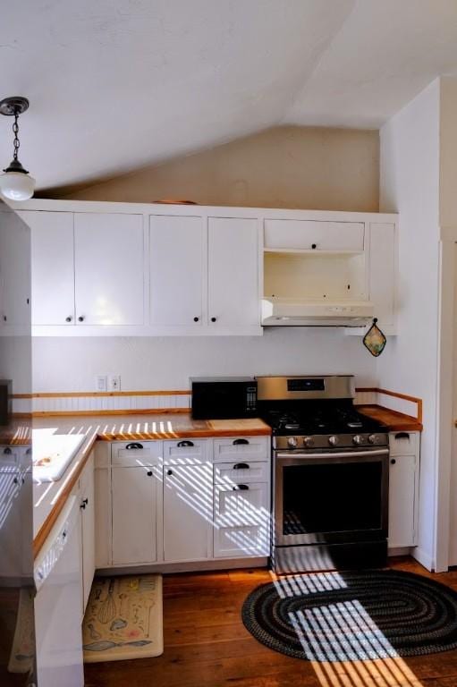 436 Clifton Ave, Yampa, CO 80483 - kitchen with stainless steel range with gas stovetop, under cabinet range hood, black microwave, white cabinets, and lofted ceiling