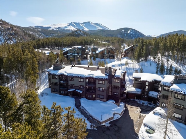 snowy aerial view featuring a mountain view