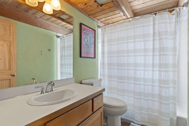625 Amethyst Dr, Steamboat Springs, CO 80487 - full bathroom with wood ceiling with exposed beams, toilet, and vanity