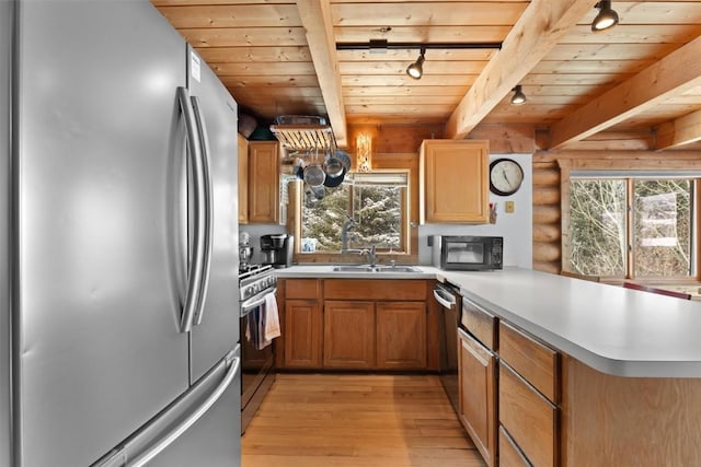 625 Amethyst Dr, Steamboat Springs, CO 80487 - kitchen featuring stainless steel appliances, rail lighting, a peninsula, light wood-type flooring, and wood ceiling with exposed beams