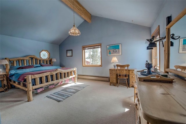 61 Pine Cir, Breckenridge, CO 80424 - carpeted bedroom with baseboard heating, beamed ceiling, and high vaulted ceiling