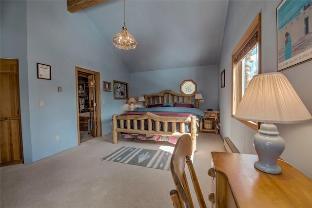61 Pine Cir, Breckenridge, CO 80424 - bedroom with a baseboard radiator, carpet floors, high vaulted ceiling, and beamed ceiling