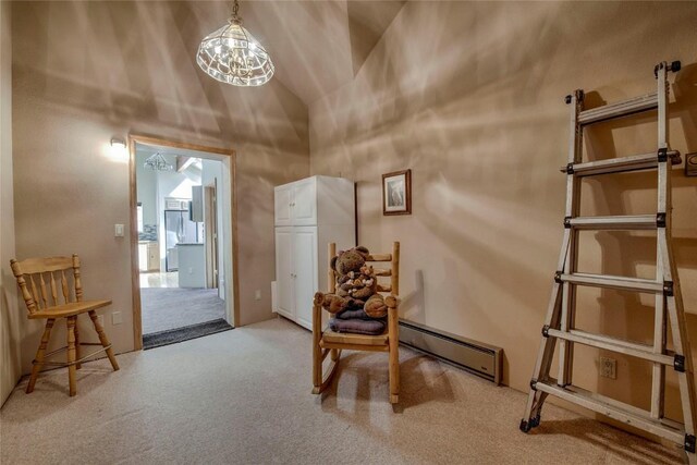 61 Pine Cir, Breckenridge, CO 80424 - living area with baseboard heating, carpet, and high vaulted ceiling
