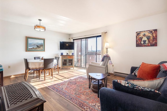 122 Gcr 442 Unit 2B, Grand Lake, CO 80447 - living room featuring a baseboard heating unit, baseboards, and wood finished floors
