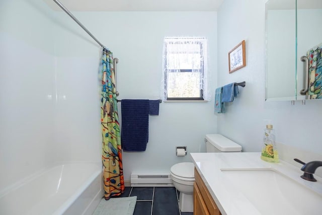 122 Gcr 442 Unit 2B, Grand Lake, CO 80447 - bathroom featuring tile patterned floors, toilet, vanity, a baseboard radiator, and shower / tub combo