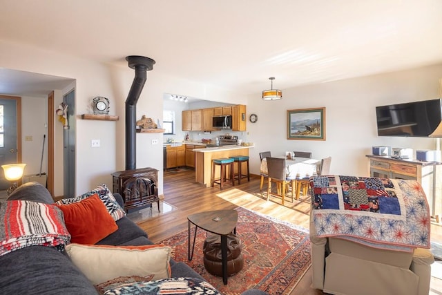 122 Gcr 442 Unit 2B, Grand Lake, CO 80447 - living room featuring light wood-style floors and a wood stove