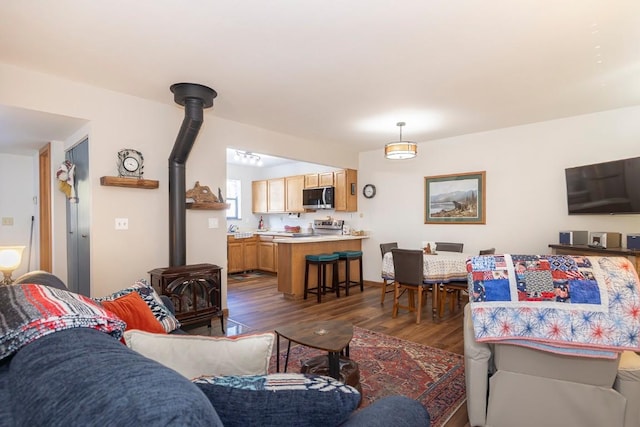 122 Gcr 442 Unit 2B, Grand Lake, CO 80447 - living area with a wood stove and dark wood-type flooring