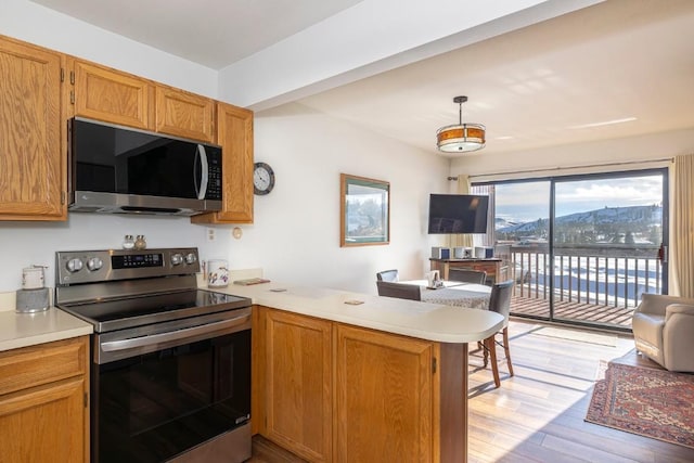 122 Gcr 442 Unit 2B, Grand Lake, CO 80447 - kitchen featuring stainless steel appliances, a peninsula, light wood-style floors, pendant lighting, and light countertops