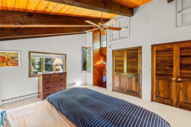 31650 Mt Werner Rd, Steamboat Springs, CO 80487 - bedroom featuring a baseboard heating unit, a baseboard radiator, carpet, a wood ceiling with exposed beams, and two closets