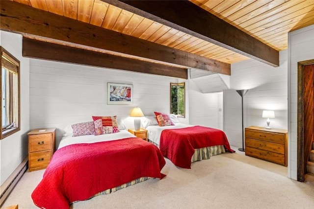 31650 Mt Werner Rd, Steamboat Springs, CO 80487 - bedroom with a baseboard radiator, a wood ceiling with exposed beams, carpet, and wood walls