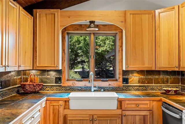 31650 Mt Werner Rd, Steamboat Springs, CO 80487 - kitchen featuring dishwasher, tasteful backsplash, and tile countertops