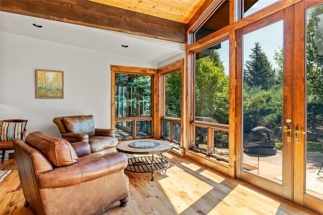 31650 Mt Werner Rd, Steamboat Springs, CO 80487 - sunroom / solarium with french doors, wood finished floors, beamed ceiling, and recessed lighting