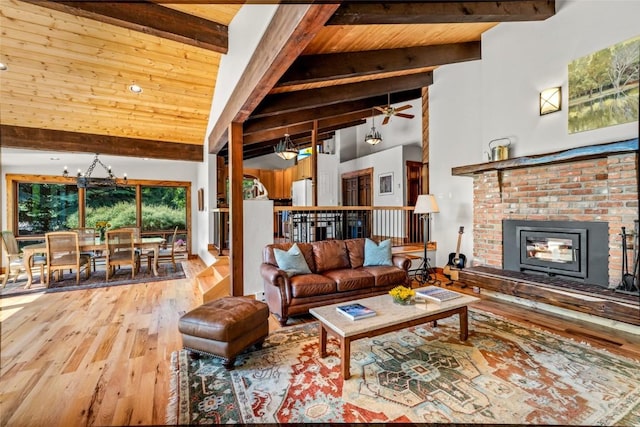 31650 Mt Werner Rd, Steamboat Springs, CO 80487 - living room with hardwood / wood-style flooring, a brick fireplace, high vaulted ceiling, a chandelier, and a wood ceiling with exposed beams