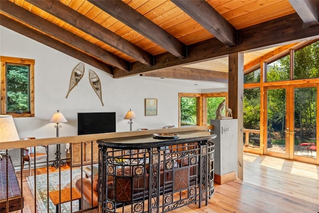 31650 Mt Werner Rd, Steamboat Springs, CO 80487 - corridor with wood ceiling, wood finished floors, a baseboard radiator, and french doors