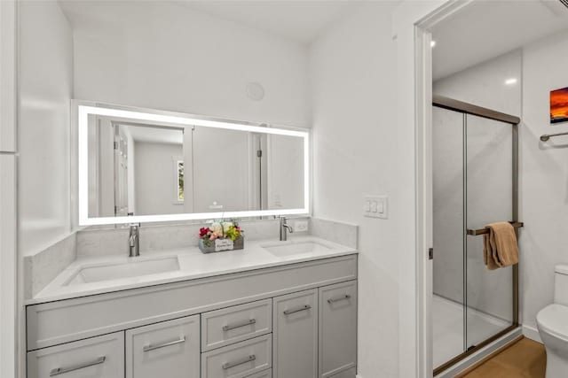 bathroom with toilet, a shower stall, double vanity, and a sink