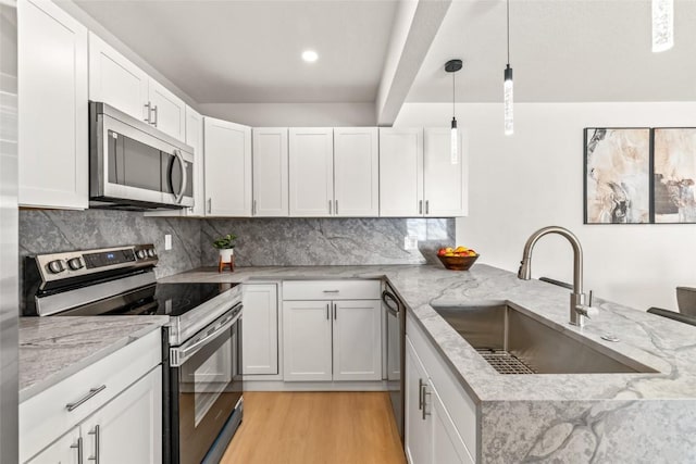 kitchen featuring decorative backsplash, a peninsula, stainless steel appliances, light wood-style floors, and a sink