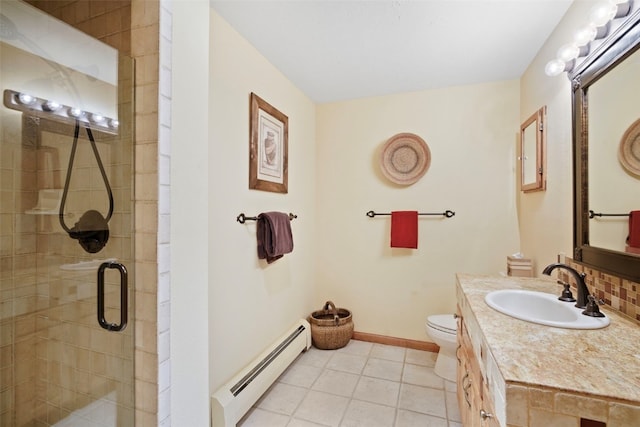 112 N Pine St, Breckenridge, CO 80424 - bathroom with baseboard heating, toilet, a stall shower, vanity, and tile patterned flooring