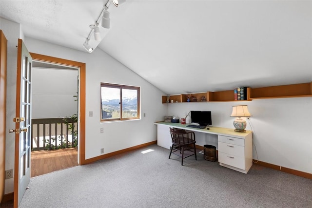 71 Barking Dog Rd, Silverthorne, CO 80498 - office space with baseboards, carpet flooring, lofted ceiling, and rail lighting