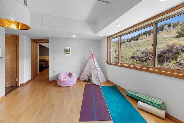 71 Barking Dog Rd, Silverthorne, CO 80498 - recreation room with wood finished floors, recessed lighting, and a raised ceiling