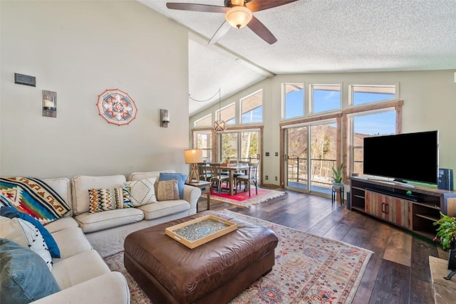58195 Jupiter Pl, Clark, CO 80428 - living area featuring a ceiling fan, a textured ceiling, vaulted ceiling, and hardwood / wood-style flooring