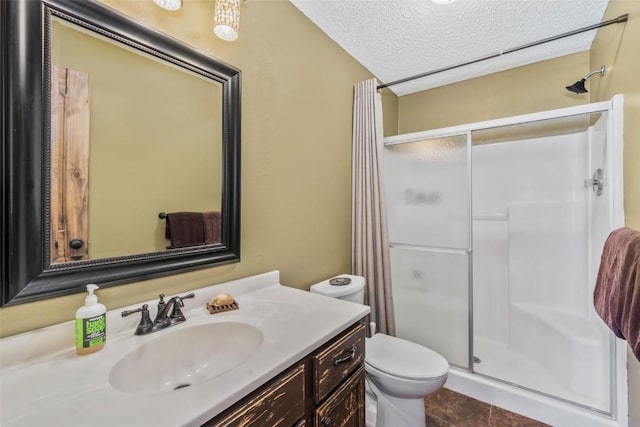 58195 Jupiter Pl, Clark, CO 80428 - bathroom featuring toilet, vanity, a textured ceiling, and a stall shower