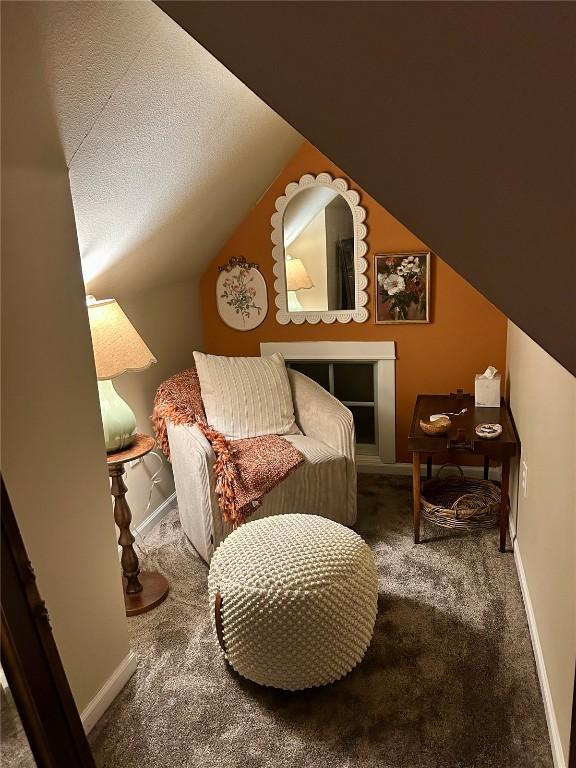 38 Huckleberry Grn, Breckenridge, CO 80424 - living area featuring carpet, vaulted ceiling, and a textured ceiling