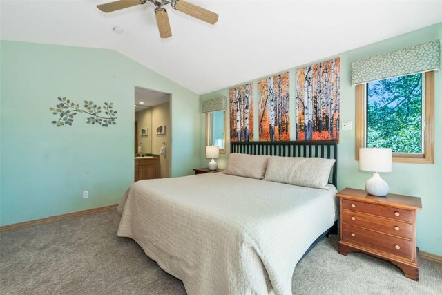 1508 Cascades Dr Unit 4, Steamboat Springs, CO 80487 - bedroom featuring carpet floors, lofted ceiling, ensuite bathroom, and a ceiling fan