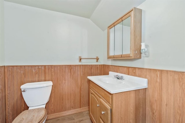 190 N Walnut St, Hayden, CO 81639 - half bath featuring a wainscoted wall, vanity, lofted ceiling, and wood finished floors
