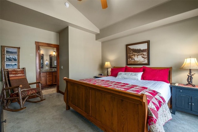 1532 Moraine Cir Unit 40, Steamboat Springs, CO 80487 - bedroom with lofted ceiling, light colored carpet, ceiling fan, and connected bathroom
