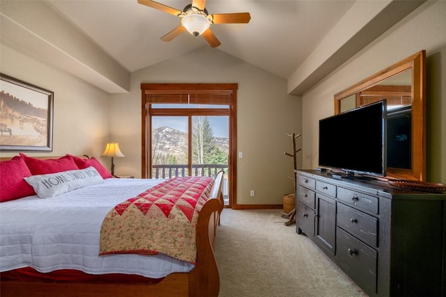 1532 Moraine Cir Unit 40, Steamboat Springs, CO 80487 - bedroom featuring light carpet, access to exterior, baseboards, lofted ceiling, and ceiling fan