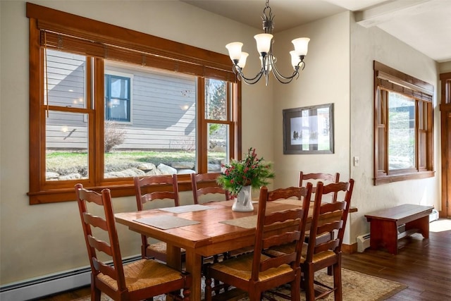 1532 Moraine Cir Unit 40, Steamboat Springs, CO 80487 - dining space featuring wood finished floors, beam ceiling, baseboards, a baseboard radiator, and a notable chandelier