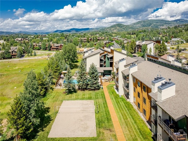 bird's eye view featuring a mountain view and a residential view