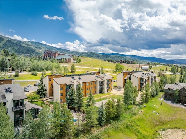 birds eye view of property with a mountain view