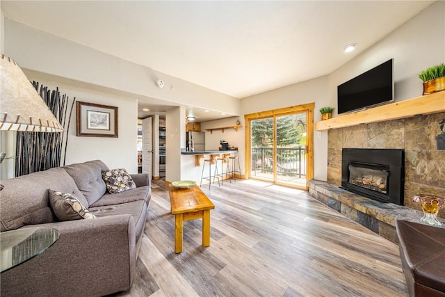living area with baseboards, wood finished floors, and a fireplace