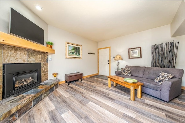 living area with baseboards, wood finished floors, and a fireplace