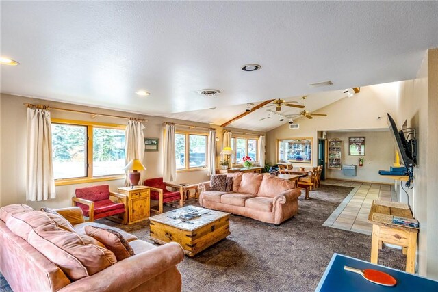 1945 Cornice Rd Unit 2221, Steamboat Springs, CO 80487 - living area featuring lofted ceiling, visible vents, a ceiling fan, and carpet