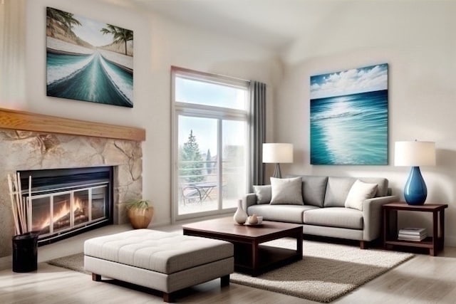 living area with a fireplace and wood finished floors