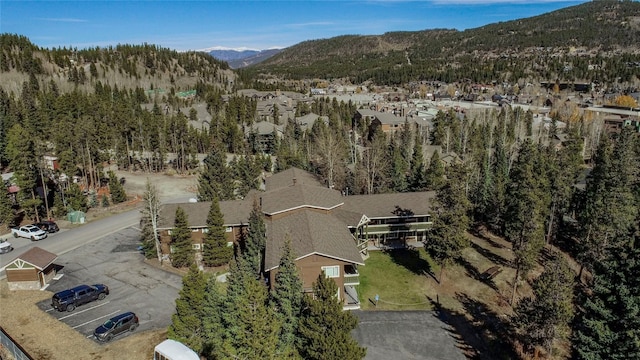 drone / aerial view featuring a mountain view