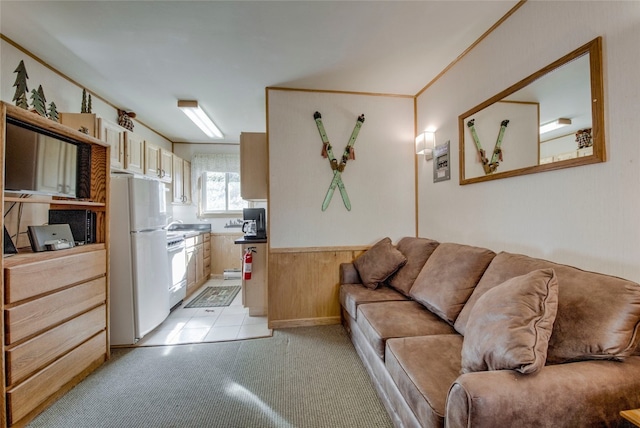 living area with light colored carpet and wood walls