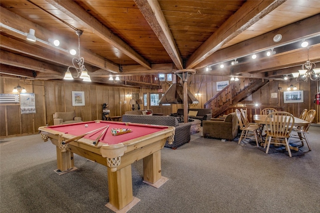 game room with wood walls, beam ceiling, pool table, wood ceiling, and carpet flooring