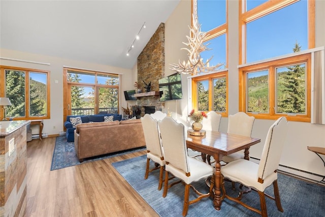 22300 US Highway 6 Unit 1746, Keystone, CO 80435 - dining space with a baseboard heating unit, light wood-style flooring, a fireplace, high vaulted ceiling, and track lighting